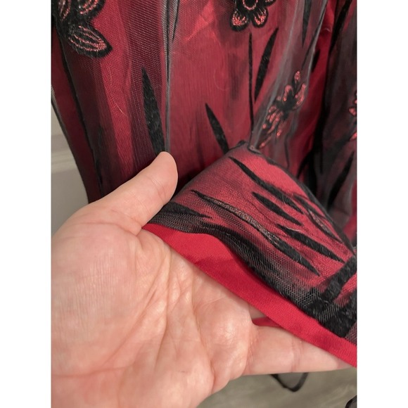 Vtg 90s Formal Prom Dress Gown Red Black Mesh Overlay Floral Glitter Gothic Sz 8 - Picture 9 of 13